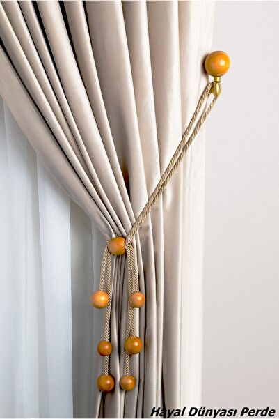 Hayal Dünyası Özel Yapım Perde Toplayıcı Dekoratif 6 toplu Yüzüklü Ahşap Renso Braçol Takım