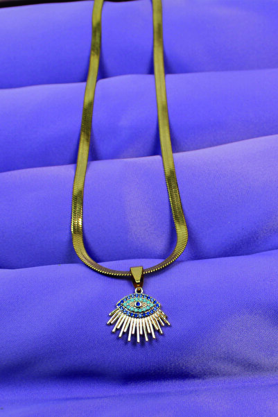 Bizle Tasarla Altın Renk Mavi Nazar Göz Figürlü Zirkon Taşlı Çelik Kolye Zarif Eşe Sevgiliye Öğretmene Hediye