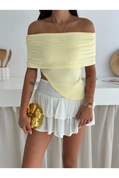 bysoca Bluză crop casual din țesătură otomană croială pentru femei, galbenă, ...