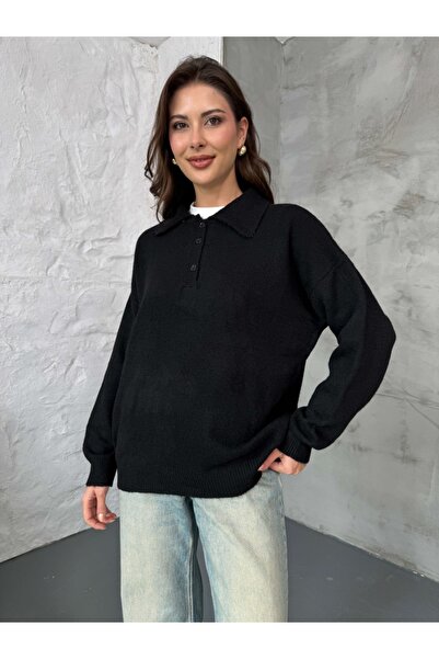 Black Polo Neck Buttoned Knitwear Sweater