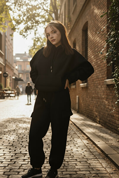 Flare طقم رياضي نسائي PREMIUM قصة فضفاضة مبطن بالصوف - طقم شتوي سميك عصري بغط...