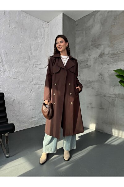 Elif Özbey Butik Kahverengi Kolları Ekose Katlı Trenç