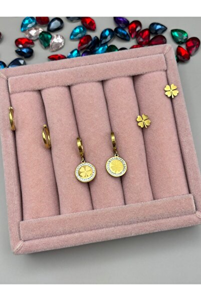 aurora dükkan Çelik Gold Yoncalı Çoklu Küpe