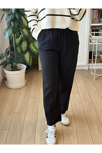 Store Siyah Renk Beli Lastikli Cepli Straight / Düz Paça Yüksek Bel Rahat Kalıp Kumaş Pantolon