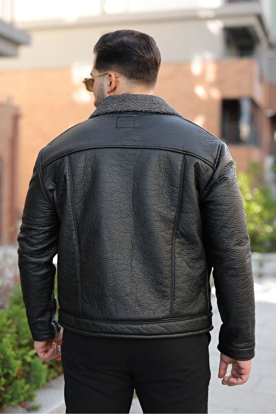 MODAEMAS Чоловічий шкіряний піджак з хутряним коміром