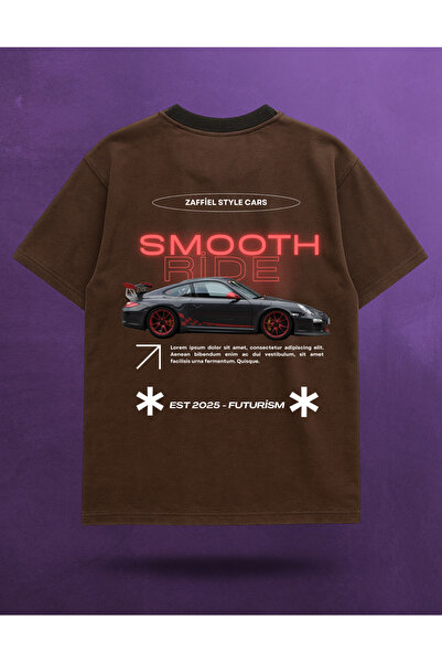 ZAFFİEL تي شيرت بني بتصميم سيارات أنيقة وقيادة سلسة