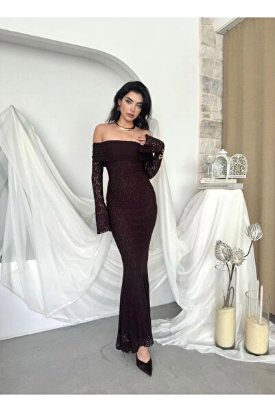 Afiş Butik Kahverengi Kadın Madonna Yaka Dantelli Uzun Elbise