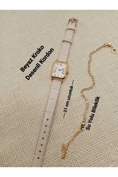 Brality Women's Wristwatch Retro Model Vintage Gold Case White Color Band Rec...