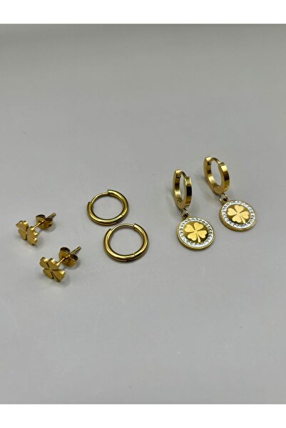 aurora dükkan Çelik Gold Yoncalı Çoklu Küpe