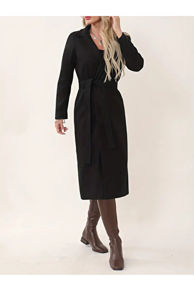 beeke Dámský černý vlněný kabát s kašmírovou podšívkou, dlouhý kabát s páskem a detaily kapsy (plný střih) Nová sezóna