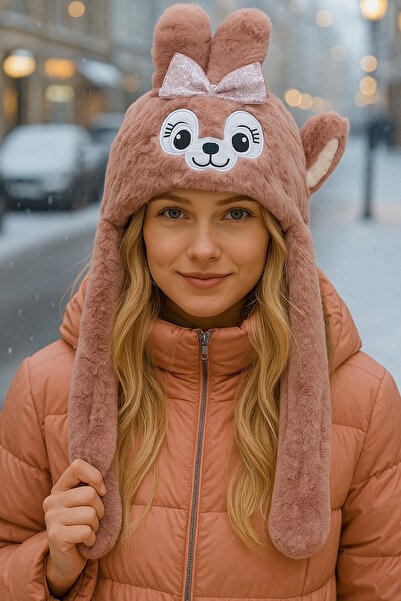 CAŞ DEKORASYON Pălărie de iepure de pluș cu urechi în mișcare de culoare pudra