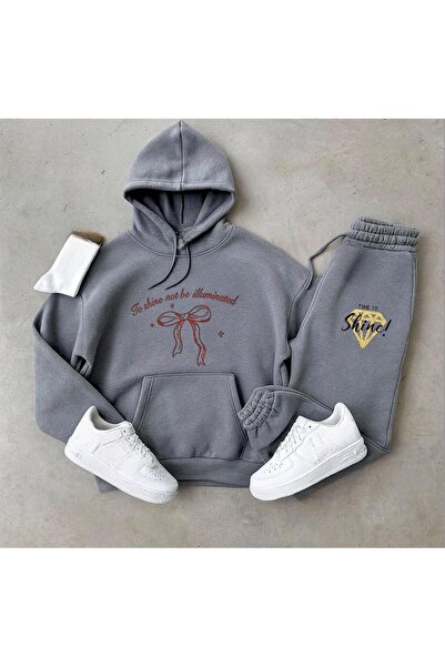 NewCabin Motivational Text Oversized Sweatshirt & Jogger Bottom Set Time to S...