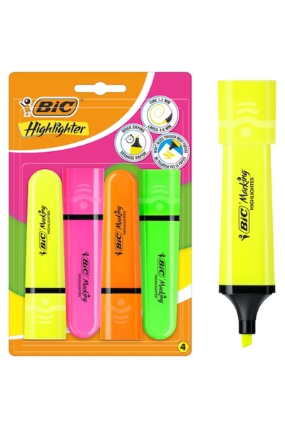 Bic Flat Highlighter, Neon Assorted, Pack of 4