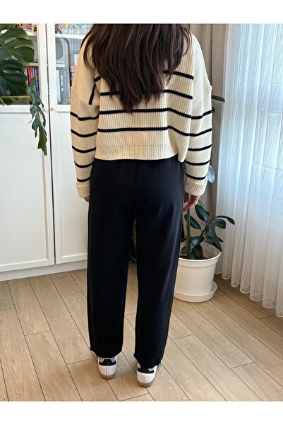 Store Siyah Renk Beli Lastikli Cepli Straight / Düz Paça Yüksek Bel Rahat Kalıp Kumaş Pantolon