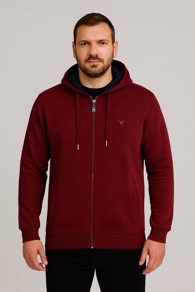 Maccali Ανδρικό μακρυμάνικο μπλουζάκι με φερμουάρ με κουκούλα σε μπορντό χρώμα