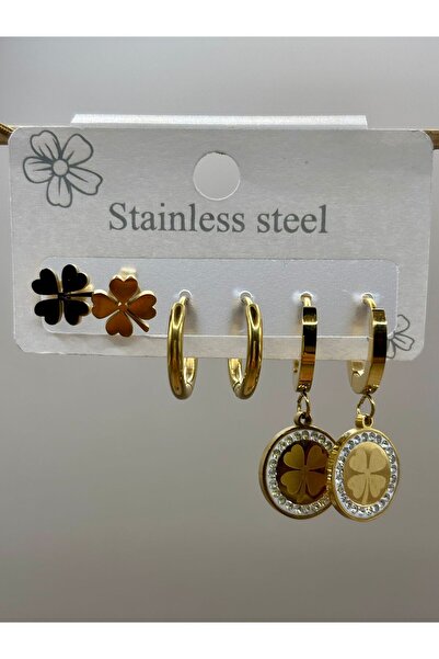 aurora dükkan Çelik Gold Yoncalı Çoklu Küpe