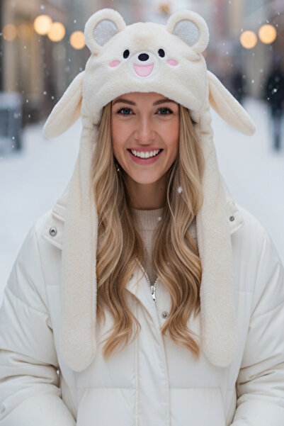 CAŞ DEKORASYON White Color Ears Moving Plush Teddy Bear Hat