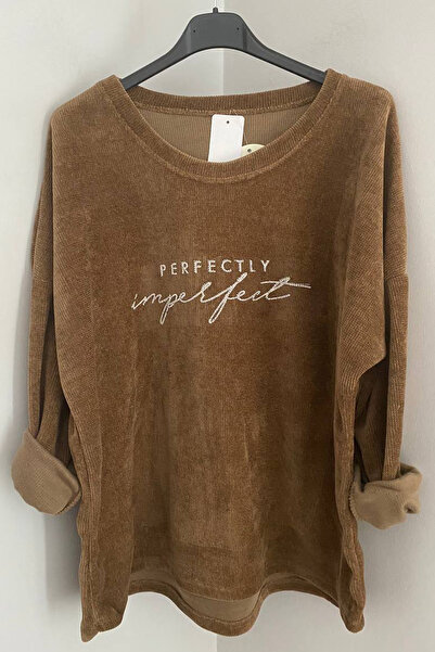 AYASOFYA OTANTIK Women's Italian Cappuccino Stone Print Lettering Casual Oversized Long Sleeve Velvet Blouse Tunic