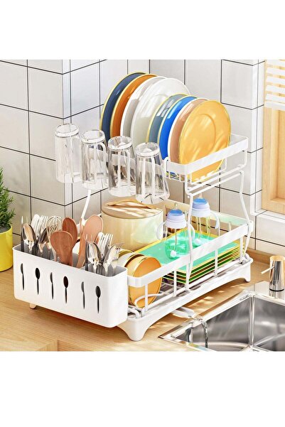 Arabest رف تجفيف أطباق مزدوج الطبقات مع لوح تصريف وحامل أدوات ورف أكواب، أبيض