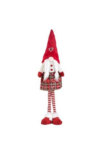 Silver Star Christmas Decorative Gnome Figurine with Pigtails, Red Checkered Dress & Hat, 80 cm