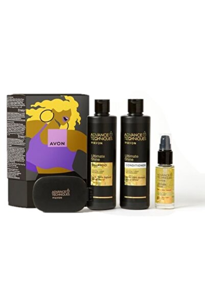 AVON Cutie cadou AT Ultimate Shine — Șampon 250 ml, Balsam 250 ml, Ser 30 ml, Perie de păr