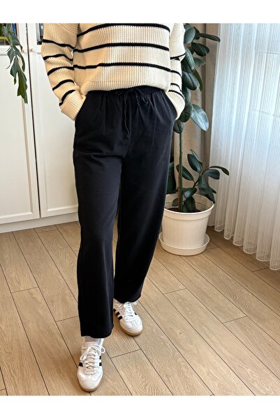 Store Siyah Renk Beli Lastikli Cepli Straight / Düz Paça Yüksek Bel Rahat Kalıp Kumaş Pantolon