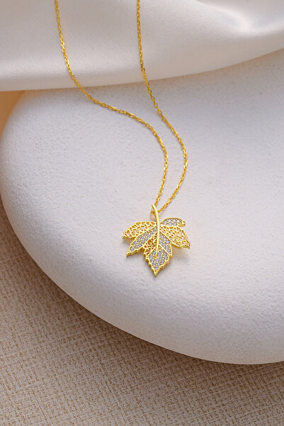 ESSARE 925 Ayar Gümüş Gold Kaplama Çınar Yaprağı Kolye