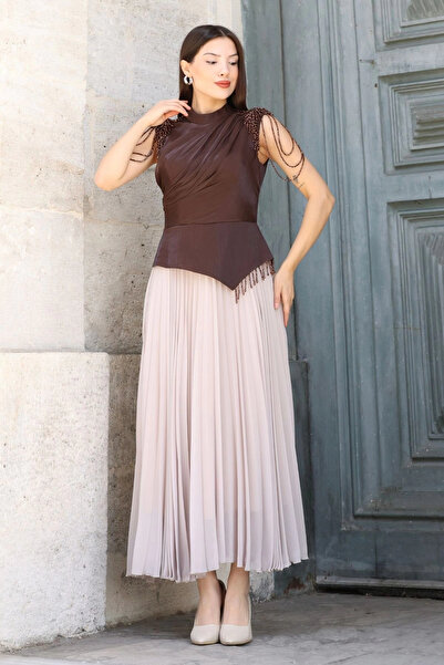 lodmela Shoulder Embroidered Pleated Evening Dress 2385-Brown/Beige