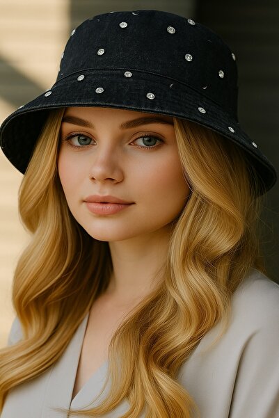 CAŞ DEKORASYON Black Color Stone Design Hat