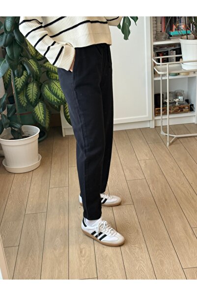 Store Siyah Renk Beli Lastikli Cepli Straight / Düz Paça Yüksek Bel Rahat Kalıp Kumaş Pantolon