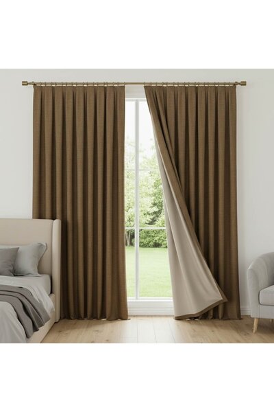 Madame Dower Nuvet Linen Brown 1 X 3 Pleated 2 Panel Background Curtain |   Bek Silky Lined + 2 Throw Pillow Covers