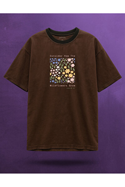 ZAFFİEL فكر في كيفية نمو الزهور البرية مطبوع تي شيرت بني قابل للغسل
