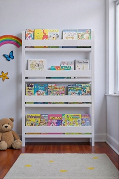 4 Katlı Beyaz Ahşap Montessori Kitaplık,Çocuk Odası,Okul, Kreş,Duvara Monte,Duvar Rafı