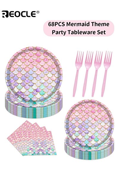 Generic REOCLE 68PCS Mermaid Party Supplies Ocean Theme Tableware Set with Round Disposable Plates Napkins