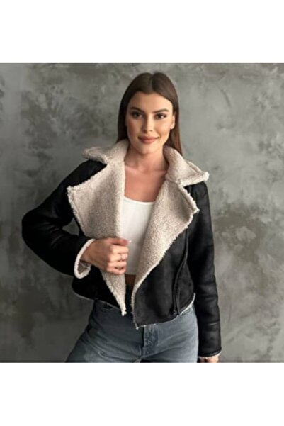 TuZeGiyim Women's Nubuck Fur Lined Double Pocket Zippered Hoodless Short Crop...