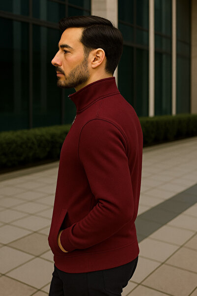 Maccali Men's Long Sleeve Mock Neck Burgundy Zippered Sweatshirt