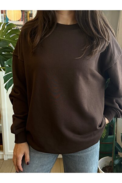 Store Kahverengi 3 İplik Şardonsuz Oversize / Geniş Kalip Bisiklet Yaka Düz S...