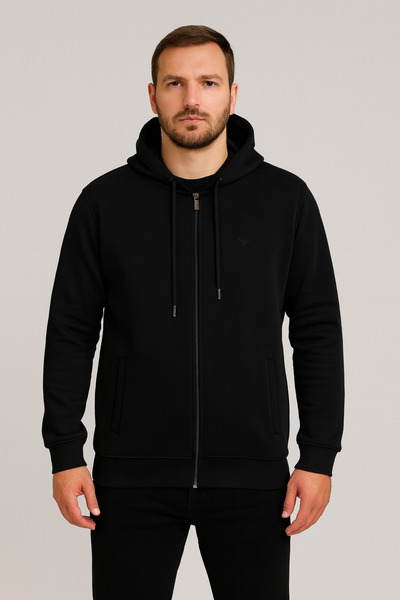 Maccali Men's Long Sleeve Black Hooded Zipper Sweatshirt