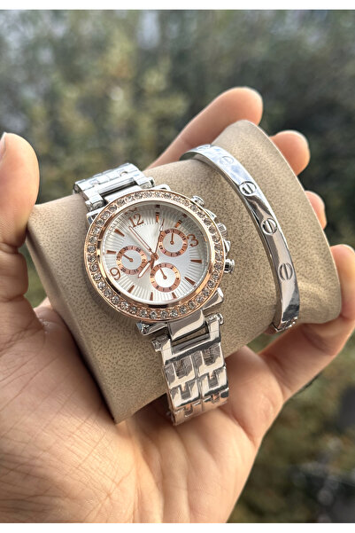 Tulpar Zircon Stone Women's Wristwatch in a Special Box with Bracelet Gift, Rose Detail