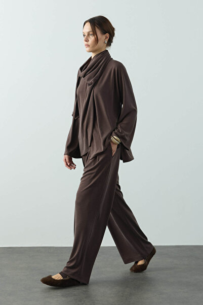 SENA GÜVEN Geniş Belli Bol Paça Pantolon Kahverengi