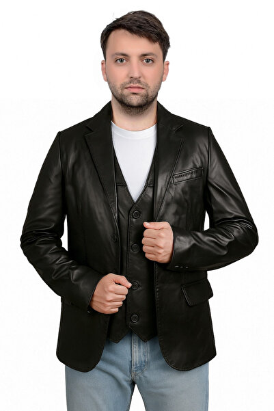 AsyaClub Derije Armada Hakiki Deri Punto Dikişli Erkek Siyah Blazer Ceket & Y...