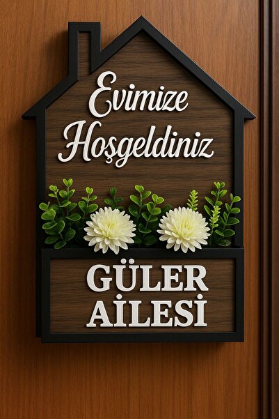 Güler Kaligrafi Dekoratif Kişiye Özel Ahşap Çiçekli Lüks Kapı Süsü