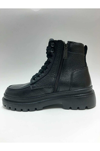 Bulldozer Genuine Leather Lace-Up Zippered Black Color Non-Slip Light Sole Winter Men's Boots
