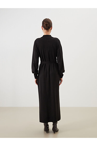 LC Waikiki LCW Modest Siyah Dik Yaka Kuşaklı Triko Elbise W5GP47Z8