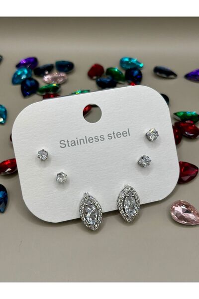 aurora dükkan أقراط فضية اللون من الفولاذ بتصميم حجر واحد