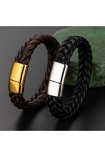 voyageaccessory Stylish Model Men's Braided Leather Bracelet with Magnetic Steel Lock, Available in Brown & Black Colors