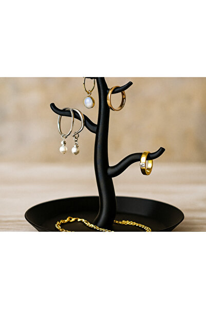 Atsutech Modern Tree Design Jewelry Stand - Black Minimalist Ring Earring Hanger and Necklace Tray