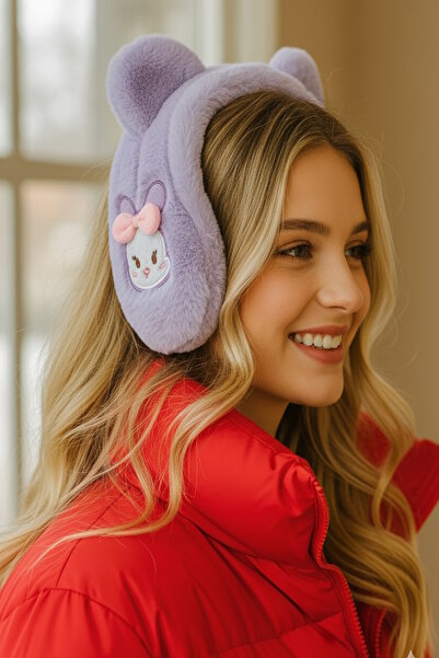 CAŞ DEKORASYON سماعات أذن قطيفة على شكل دمية دب باللون الأرجواني