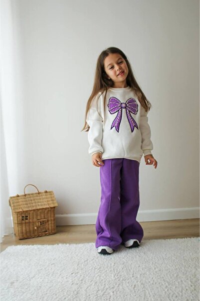 jeliboomkidswear Pearl Stone Ribbon Patterned Wide-Lettered 3-Strand Shardon Fleece-Lined St Girl's Set
