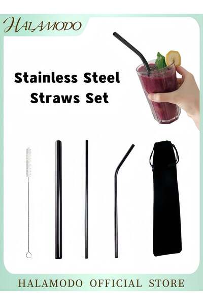 Generic HALAMODO Stainless Steel Straws Set of 2pcs Direct Straws & 1pc Curved Straw & 1pc Cleaning Brush &